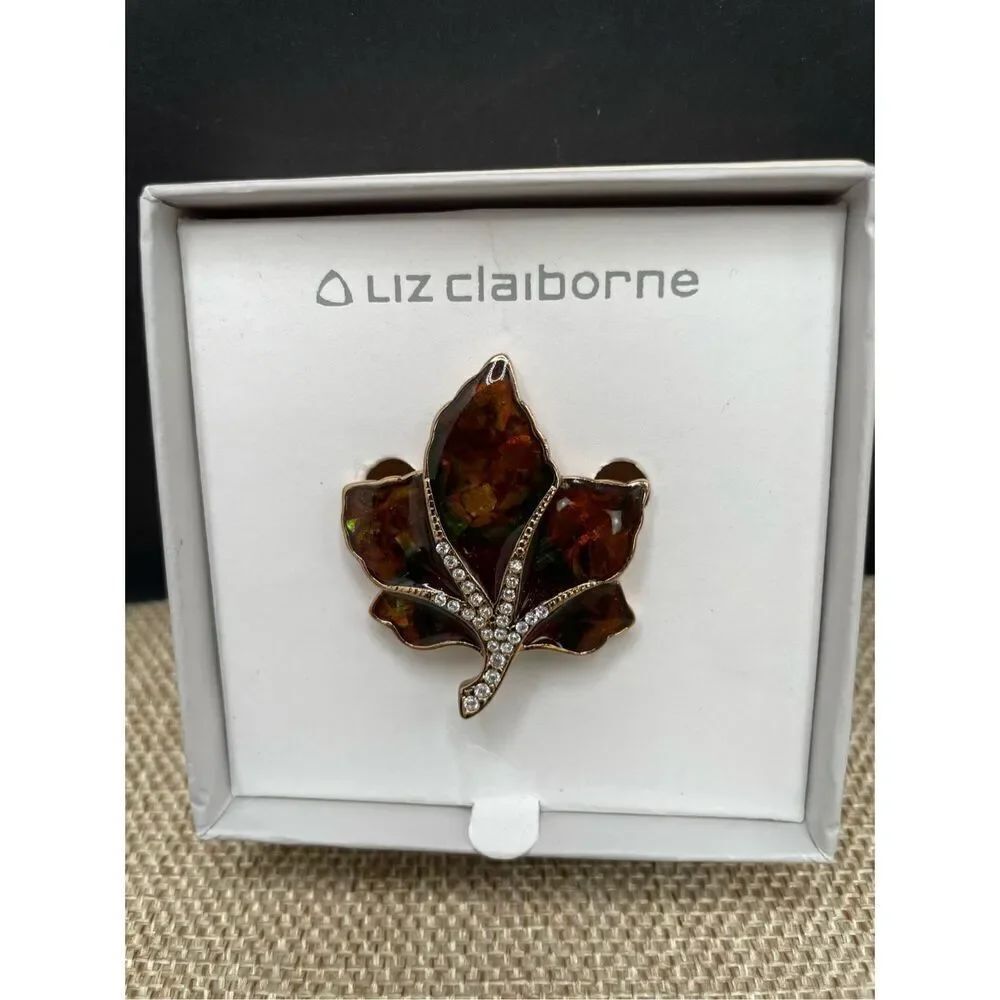 New Vintage Liz Claiborne Leaf with Rhinestones Broach Pin Grandma Core